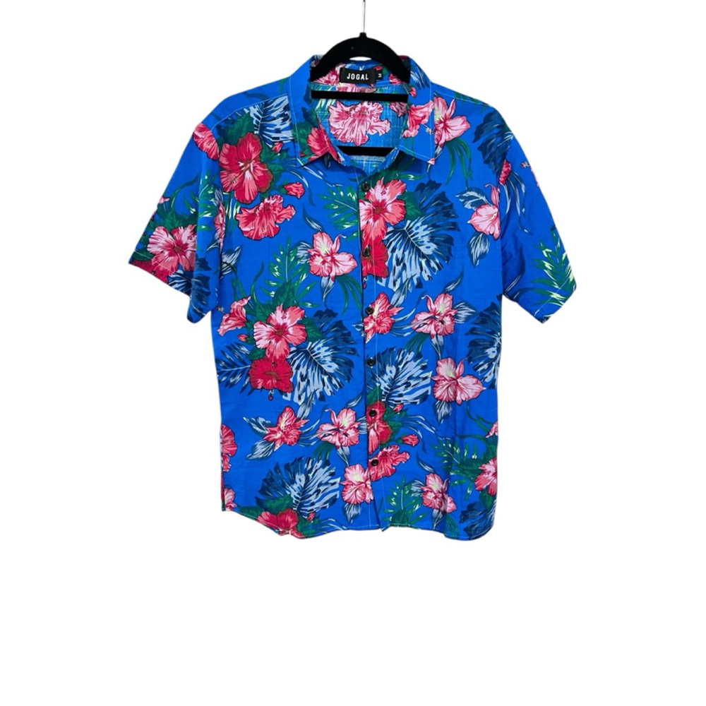 Jogal Hawaiian Tropical Flowers Short Sleeve Button Down Shirt Size Medium Blue